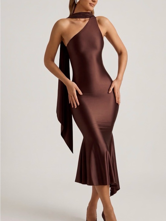 Oh Polly Dresses & Skirts - Oh Polly Shaya Asymmetric Scarf-Detail Midaxi Dress in Chocolate Brown